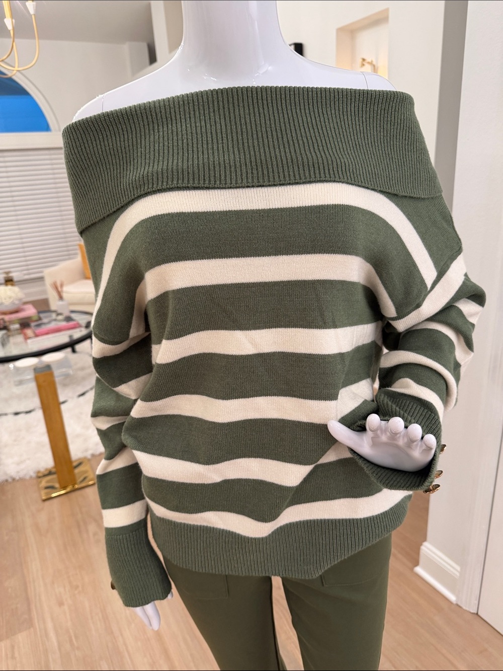 Off-the-Shoulder Olive and Cream Stripe Knit Sweater